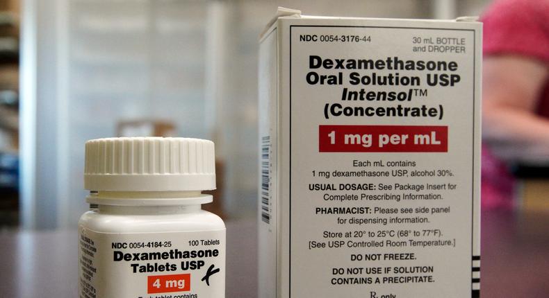 Packages of Dexamethasone are displayed in a pharmacy, Tuesday, June 16, 2020,  in Omaha, Neb. Researchers in England said Tuesday they have the first evidence that the drug can improve COVID-19 survival. The cheap, widely available steroid called dexamethasone reduced deaths by up to one third in severely ill hospitalized patients. (AP Photo/Nati Harnik)