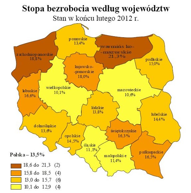 Stopa bezrobocia według województw, źródło:GUS