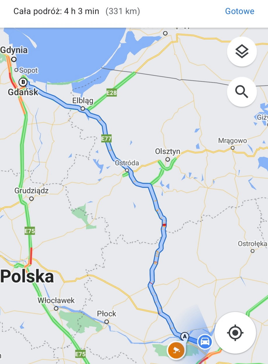 Trasa do Gdańska według map Google