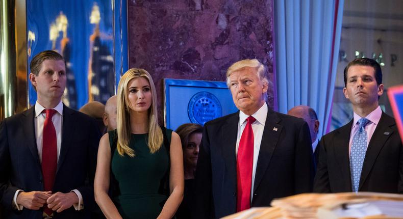 Then-President-elect Donald Trump seen with his children (from left), Eric, Ivanka, and Donald Trump Jr. at Trump Tower on January 11, 2017.