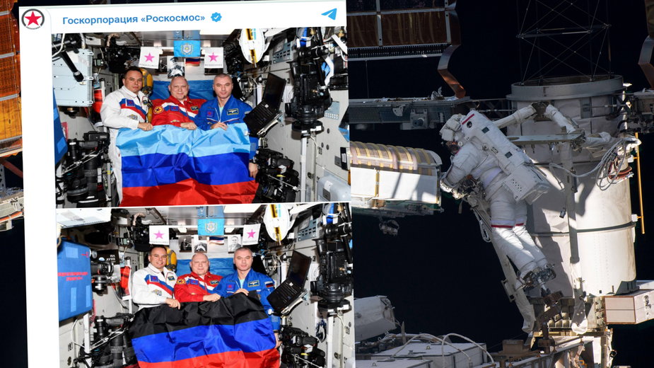 Rosyjscy kosmonauci pozują z flagą samozwańczej republiki ługańskiej