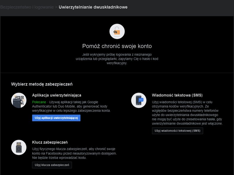 Aktywacja uwierzytelniania dwuskładnikowego na Facebooku