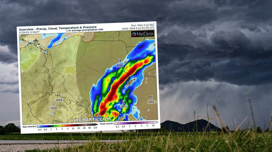 We wtorek w części kraju pojawią się ulewy i burze (mapa: wxcharts.com)