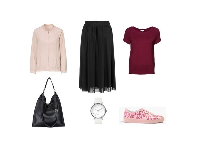 STYLIZACJE z czarną spódnicą: BOMBERKA – CELLBES.PL, 199PLN BLUZKA – PATRIZIA ARYTON, 249PLN SPÓDNICA – CELLBES.PL, 149PLN TORBA – MOOVE, 650PLN ZEGAREK – TIMEX, 349PLN SNEAKERS – BADURA x BIZUU, 590PLN