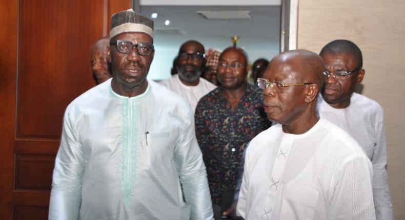 National Chairman of All Progressives Congress (APC), Comrade Adams Oshiomhole and Governor Godwin Obaseki have been locked in a battle over supremacy in Edo APC.  [Facebook/Governor Godwin Obaseki]