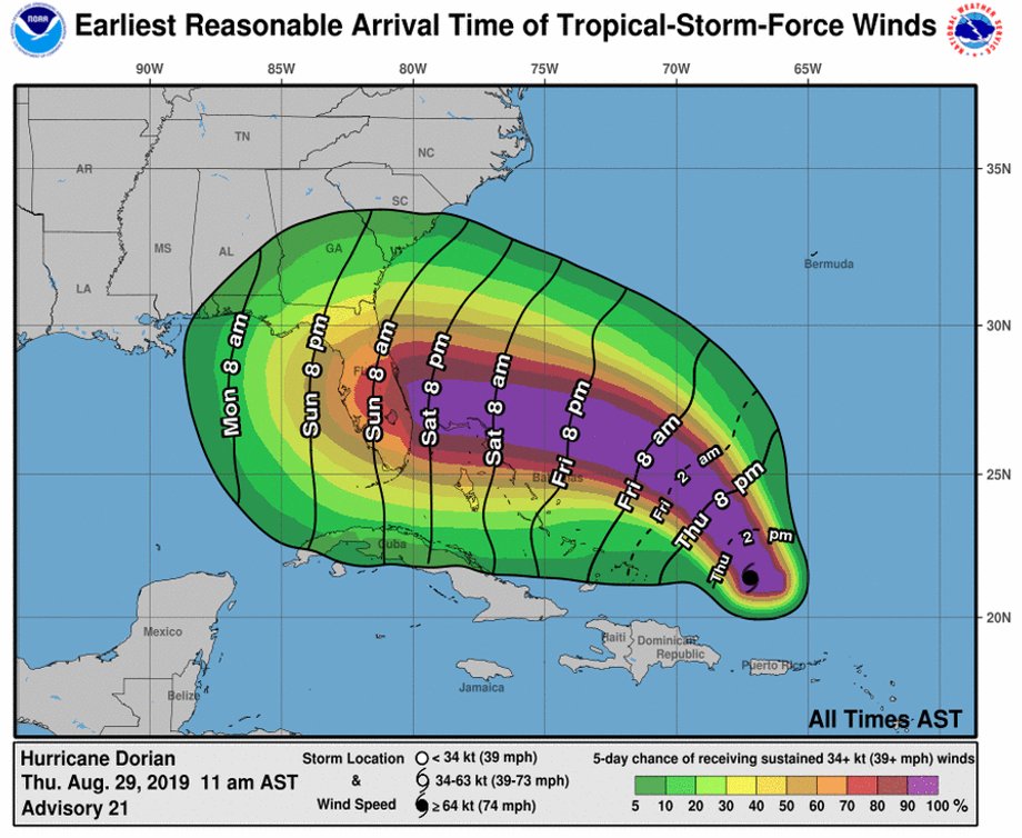 Huragan Dorian i jego spodziewana trasa. Mieszkańcy Florydy mogą odczuć silny wiatr już w sobotę. 