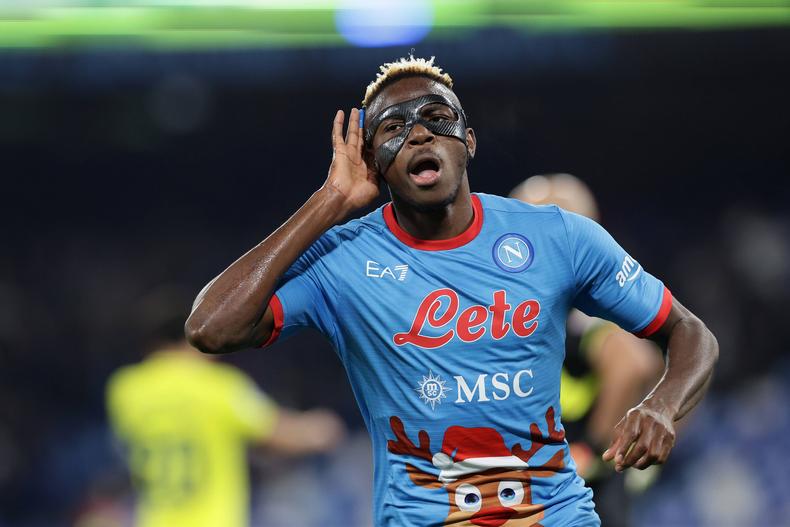 Victor Osimhen of SSC Napoli celebrates after scoring the 1-1 goal during the friendly football match between SSC Napoli and Villarreal CF at Diego Armando Maradona Stadium in Napoli.