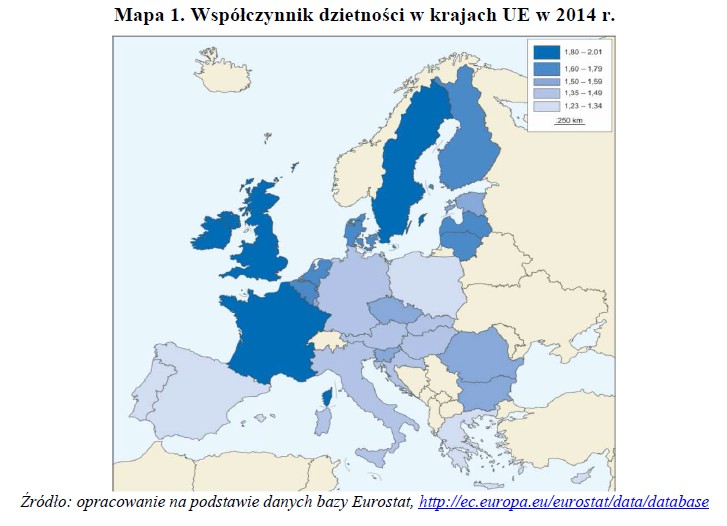 Współczynnik dzietności w krajach UE w 2014 r.; GUS