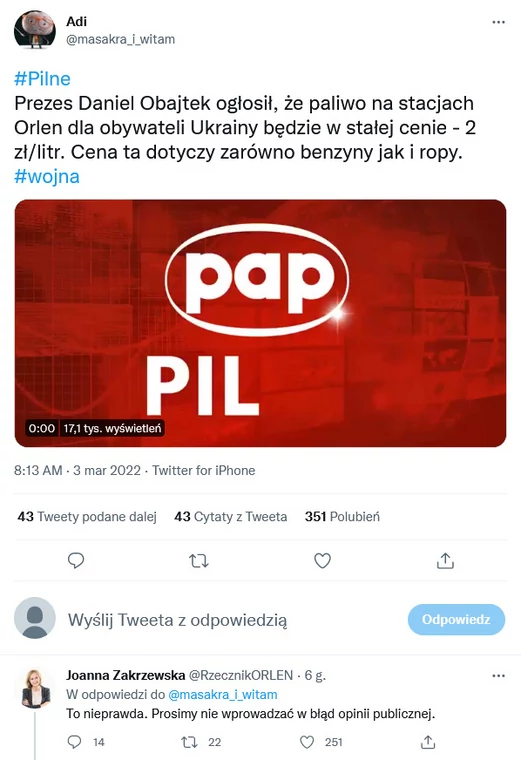 Przykład dezinformacji mający grać na emocjach