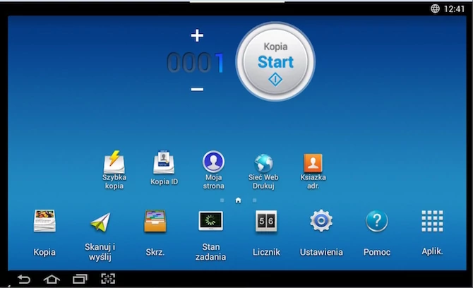 Ekran główny interfejsu drukarki Samsung przypomina ten z tabletów i smartfonów