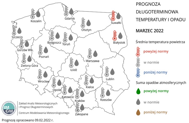 Prognoza temperatury i opadów na marzec