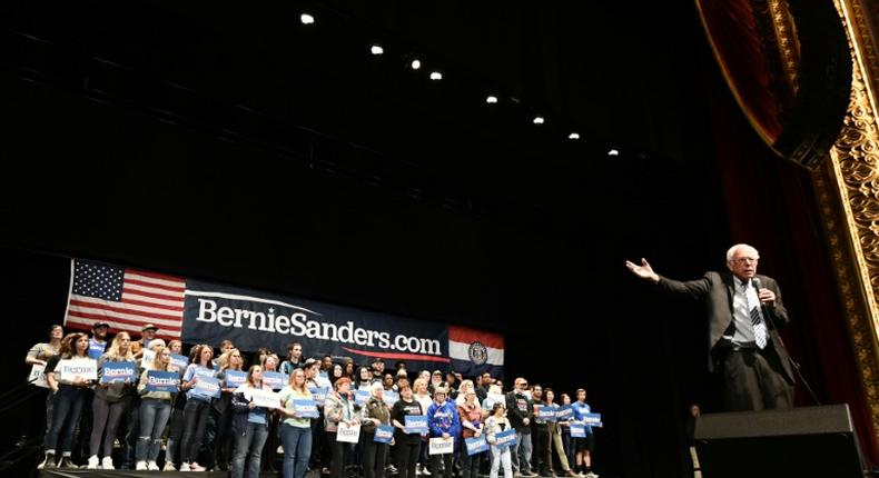 Democratic presidential hopeful US Senator Bernie Sanders speaks at a “Bernie 2020 rally at the Stifel Theater in downtown St.Louis, Missouri on March 9,2020