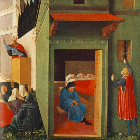 Scena z Trzech córek Święty Mikołaj wrzuca przez okno pieniądze na posag dla córek sąsiada Tempera na desce Fra Angelico z 1437 roku