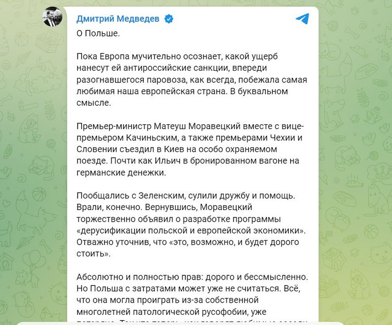 Wpis Miedwiediewa w serwisie Telegram