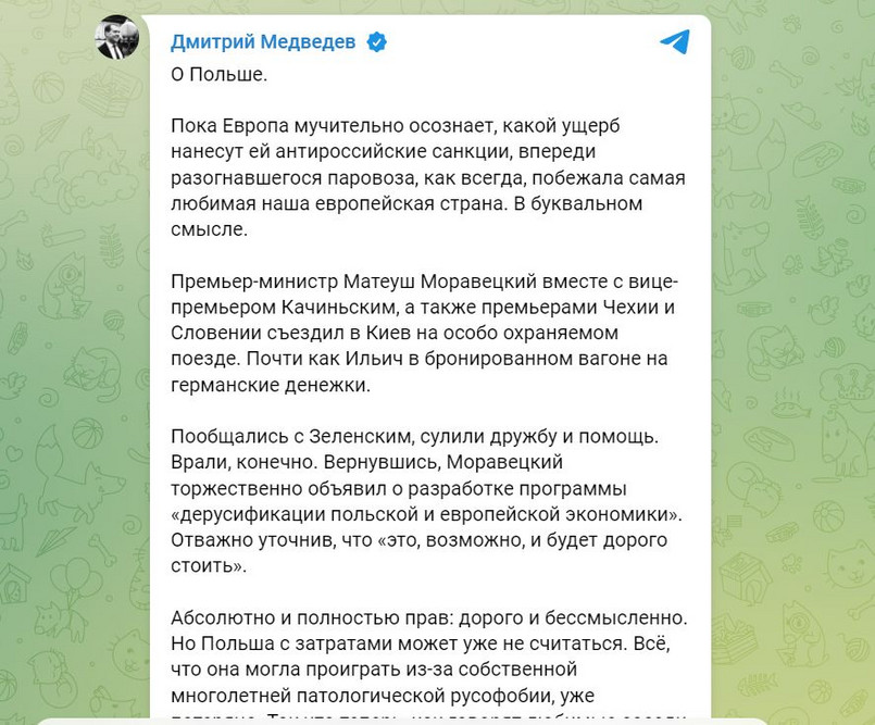 Wpis Miedwiediewa w serwisie Telegram