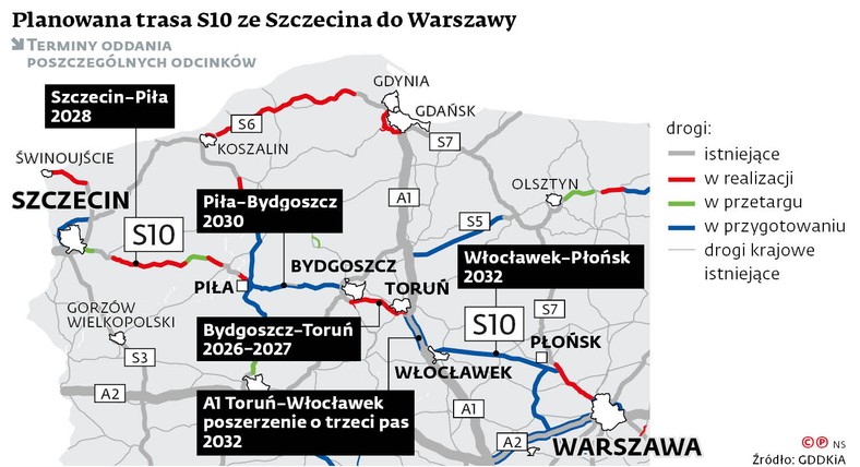 Planowana trasa S10 ze Szczecina do Warszawy