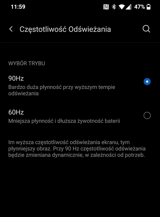 Wiele nowoczesnych smarfonów pozwala wybrać częstotliwość odświeżania ekranu