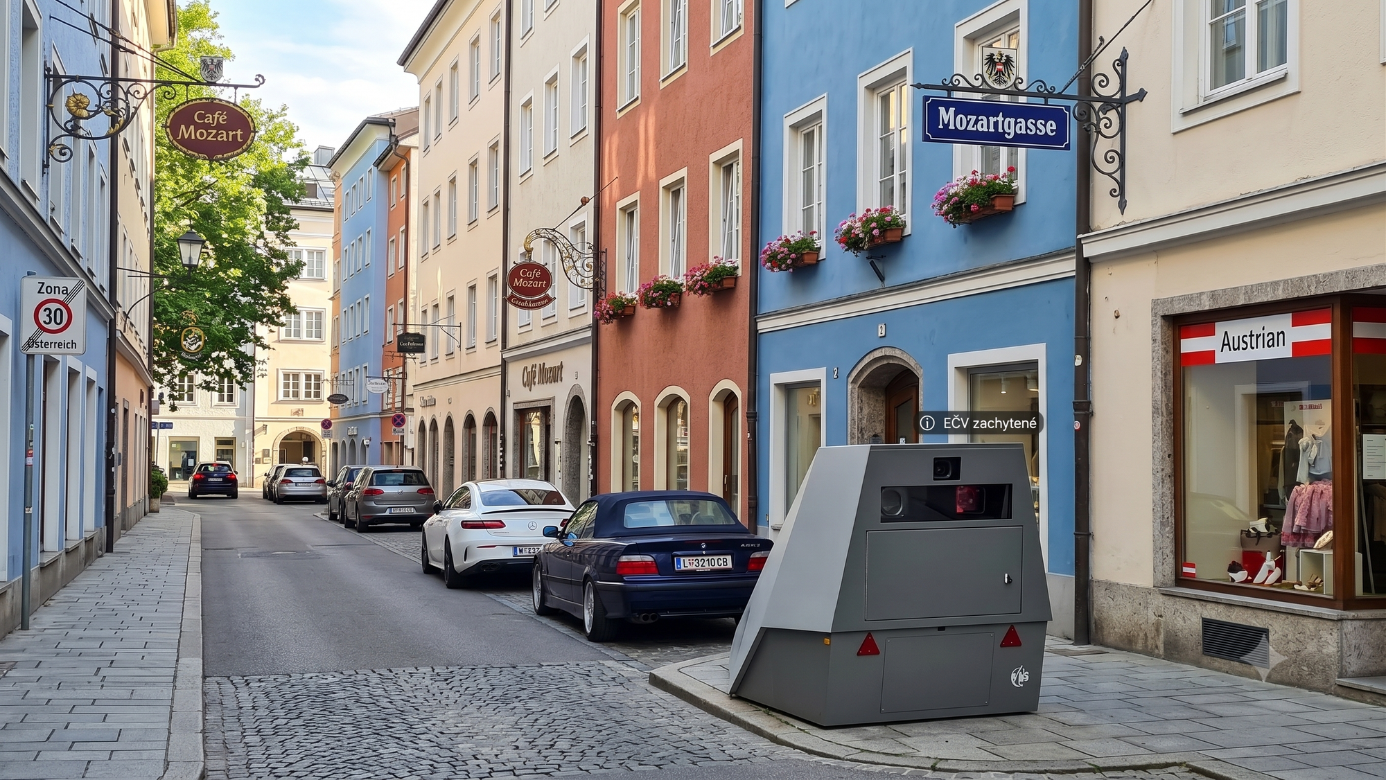 Radar na rakúskej mestskej ulici. Automatický systém zachytí každú špz a pokuta dorazí aj na slovenské adresy bez výzvy. (Ilustračný obrázok)