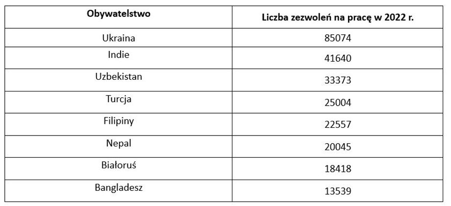 Liczba zezwoleń na pracę wydanych cudzoziemcom w 2022 r.