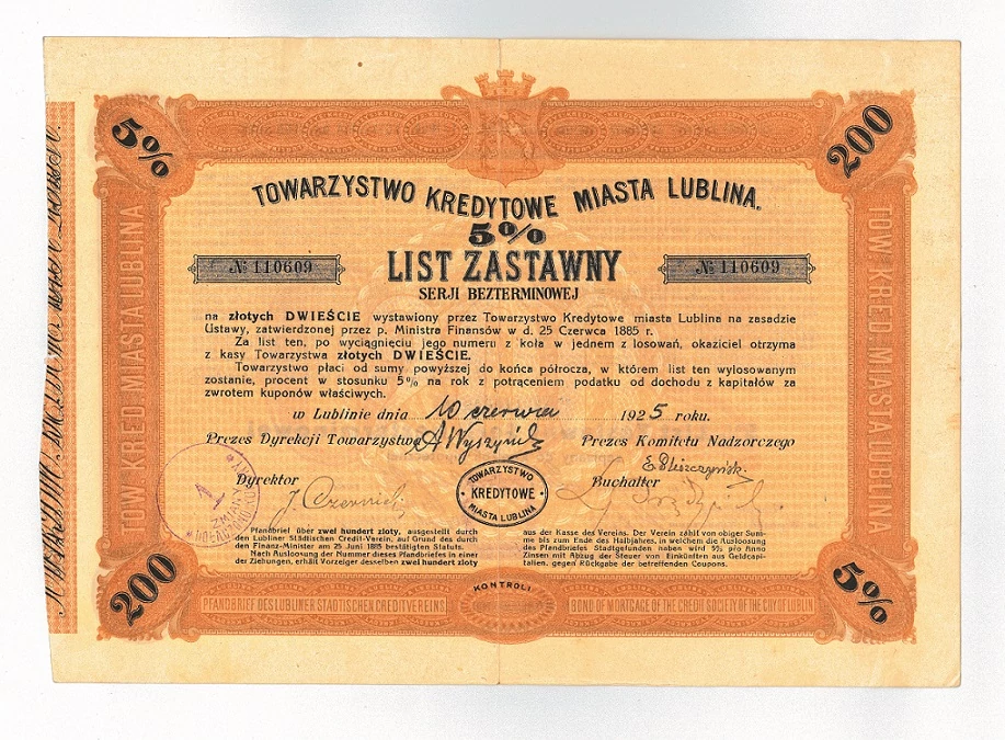 5-procentowy List Zastawny Towarzystwa Kredytowego Miasta Lublina Listy zastawne co do zasady były przedmiotem notowań na giełdach