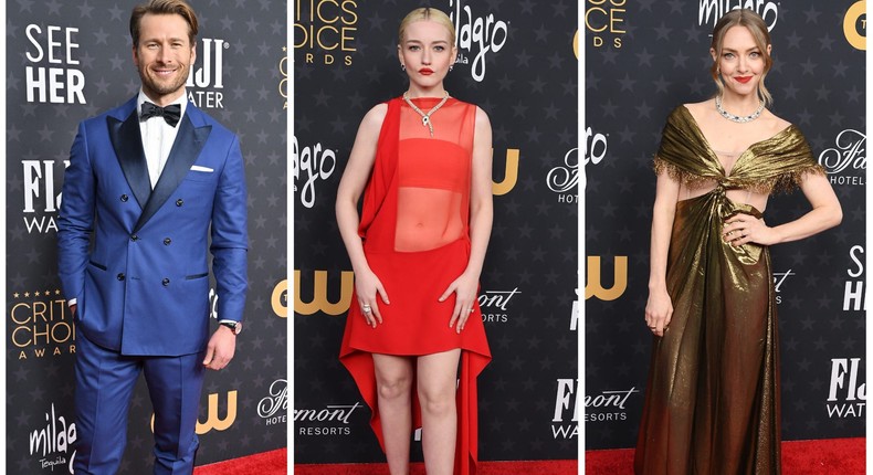 Glen Powell, Julia Garner, and Amanda Seyfried on the Critics' Choice Awards red carpet.Axelle/Bauer-Griffin/FilmMagic via Getty Images, Steve Granitz/Getty Images