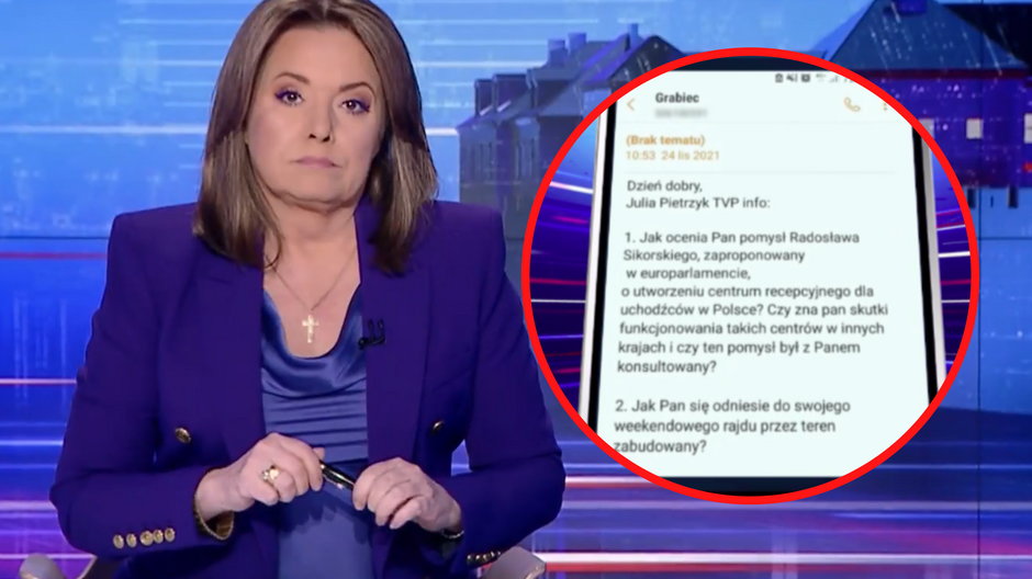 Screen z "Wiadomości TVP" wraz z fragmentem, na którym pokazano nr do rzecznika PO