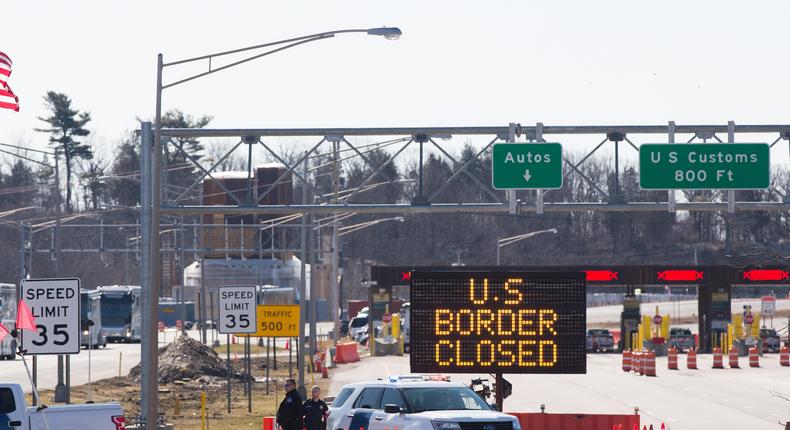 The US/Canada border in  Lansdowne, Ontario, pictured in March 2020.
