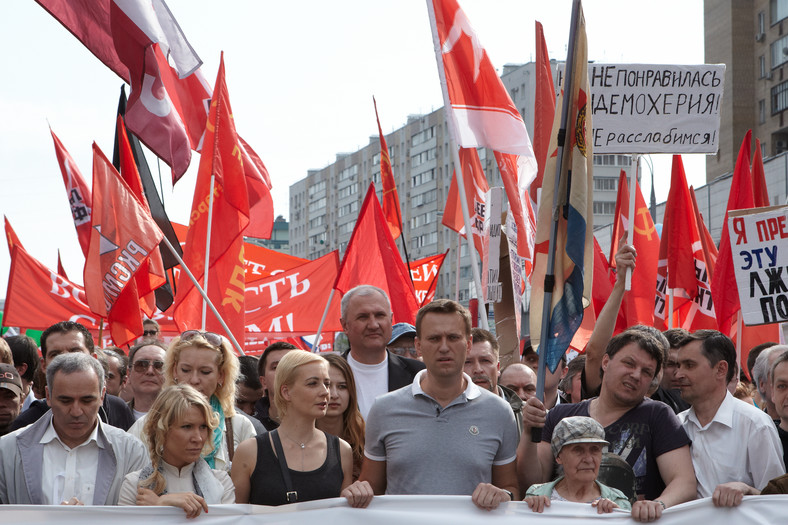 Lider opozycji Aleksiej Nawalny podczas wiecu protestacyjnego "Marsz milionów", Rosja, 6 maja 2012 r.