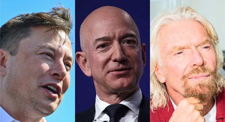 SpaceX CEO Elon Musk (left), Blue Origin founder Jeff Bezos (center), and Virgin Galactic CEO Richard Branson.
