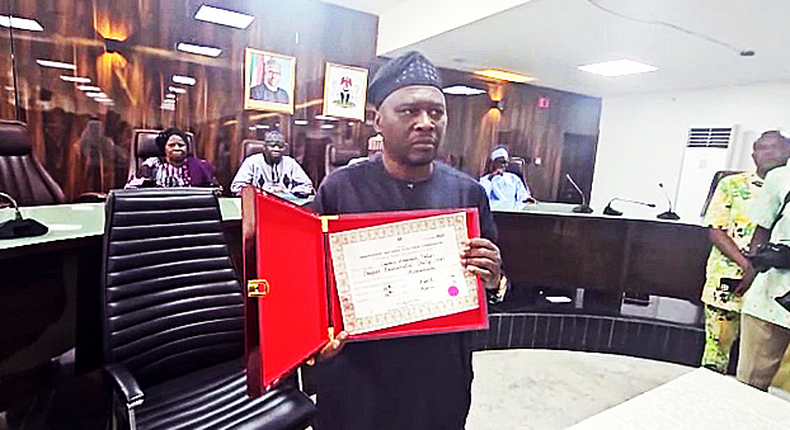 Fintiri receives Certificate of Return from INEC after month-long election. [Twitter:INEC]