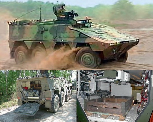 Pojazd opancerzony BOXER w wersji „Cargo”. W tej wersji BOXER pełni funkcję opancerzone ciężarówki. Wariant pojazdu Cargo może transportować ponad dwie tony zaopatrzenia dla jednostek bojowych. Transporter wyposażony jest w nowatorski system przewożenia ładunków umożliwiający zabrania na pokład maksymalnie dwóch standardowych palet wojskowych o wadze jednej tony każda.<br><br> fot. ARTEC GmbH