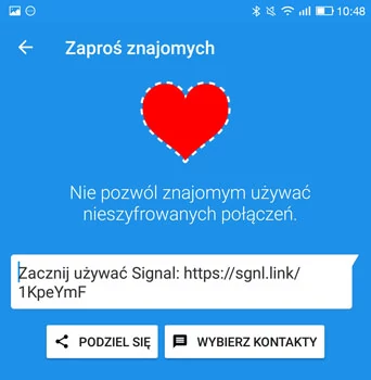 Do bezpiecznej rozmowy wszystkie komunikujące się osoby muszą korzystać z aplikacji Signal. Możemy łatwo zapraszać do jej używania naszych znajomych.