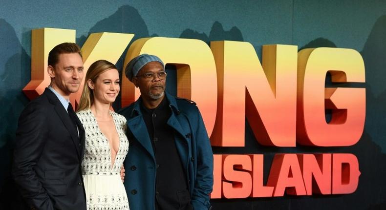 (From L) Actors Tom Hiddleston, Brie Larson and Samuel L. Jackson pose upon arrival at the European premiere of 'Kong: Skull Island', in London, on February 28, 2017