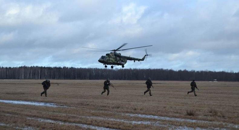 Russian and Belarusian troops take part in Allied Determination-2022, a military drill in Belarus, February 10, 2022.