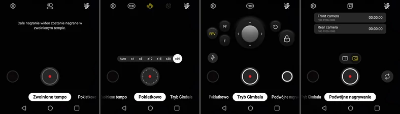 Po otworzeniu smartfonu do dyspozycji mamy cztery tryby pracy aparatu - Zwolnione tempo, Poklatkowo, Tryb gimbala oraz Podwójne nagrywanie (jednocześnie przednią i tylną kamerą)