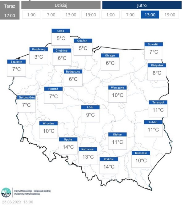 Temperatura odczuwalna. 23 marca, godz. 13