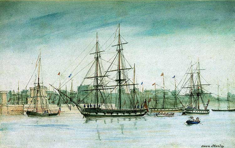HMS Beagle na obrazie Owena Stanleya (1841, domena publiczna)