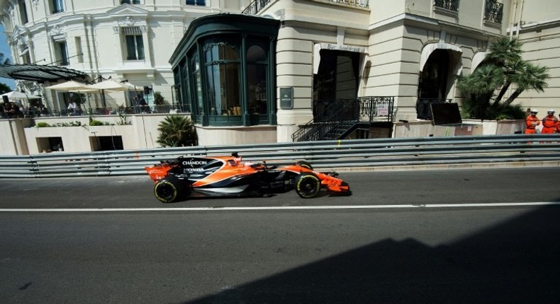 McLaren's British driver Jenson Button drives during the first practice session at the Monaco street circuit on May 25, 2017 in Monaco, three days ahead of the Monaco Formula 1 Grand Prix