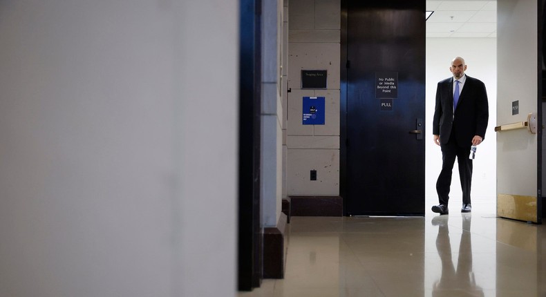 Democratic Sen. John Fetterman of Pennsylvania emerges from a closed-door, classified briefing at the US Capitol on February 14, 2023 in Washington, DC.Chip Somodevilla/Getty Images