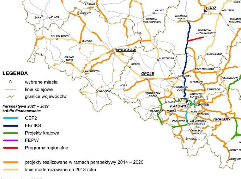 Inwestycje infrastrukturalne zawarte w Programie. Polska płd-zachodnia. Na żółto - projekty realizowane do 2013 roku; na pomarańczowo – projekty realizowane w ramach perspektywy 2014-2020. Inne kolory – perspektywa 2021-2027.  Źródło: PKP Polskie Linie Kolejowe
