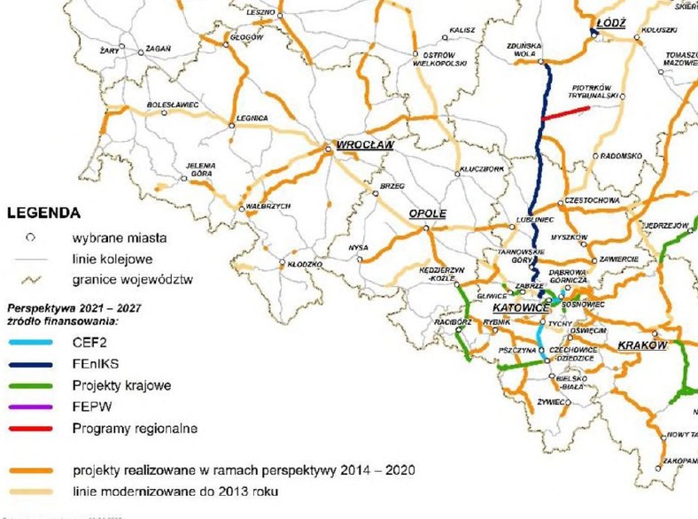 Inwestycje infrastrukturalne zawarte w Programie. Polska płd-zachodnia. Na żółto - projekty realizowane do 2013 roku; na pomarańczowo – projekty realizowane w ramach perspektywy 2014-2020. Inne kolory – perspektywa 2021-2027.  Źródło: PKP Polskie Linie Kolejowe