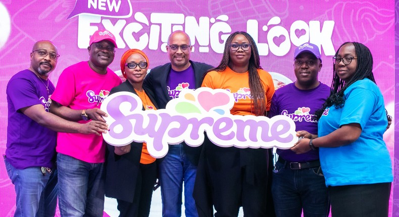 [L––R] Sam Amoforitse, Manufacturing Director, UAC Foods Limited; David Anaizia, Financial Director, UAC Foods Limited; Hadiza Abdullahi, General Manager, Supply Chain, UAC Foods Limited; Dele Ajayi, MD/CEO, UAC Foods Limited; Adebola Williams, General Manager Marketing, UAC Foods Limited; Christopher Towoju, General Manager Sales, UAC Foods Limited; Dayo Adeeko, General Manager, Human Resources, UAC Foods Limited, showcasing the new and refreshed logo for Supreme Ice-Cream, at the Supreme Ice-Cream relaunch event held in Lagos.