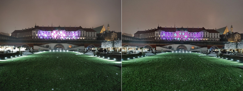 Przykładowe zdjęcia nocne wykonane modułem standardowym w trybie automatycznym Zdjęcia (po lewej) oraz w trybie Nocne zdjęcia (po prawej). Kliknij, aby powiększyć