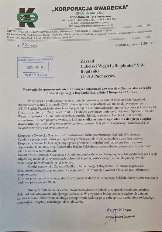 Pismo Korporacji Gwareckiej do LW Bogdanka
