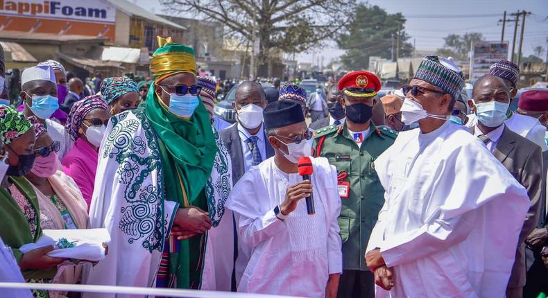 President Muhammadu Buhari inaugurates Sabon Gari Market, road projects, in Zaria. [Twitter/@GovKaduna]