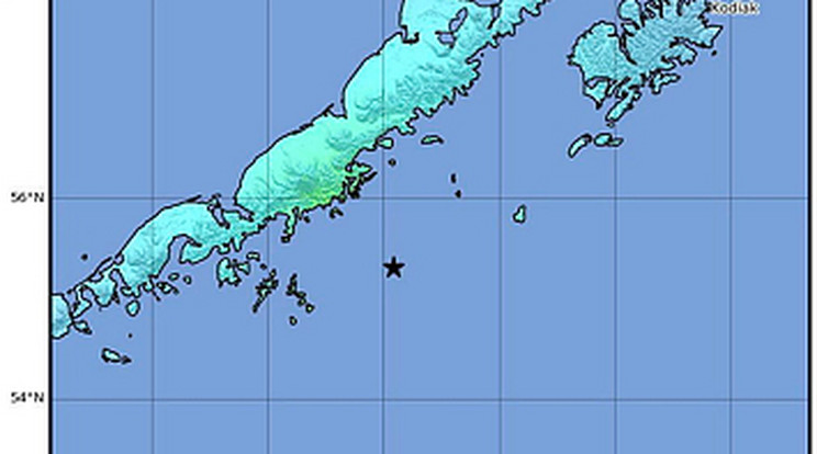 Az Amerikai Földtani Megfigyelő Szolgálat (USGS) által 2021. július 29-én közreadott térkép Alaszka földrengés sújtotta térségéről. A Richter-skála szerinti 8,2-es erősségű földmozgás epicentruma a jelentések szerint 47 kilométeres mélységben volt 91 kilométerre délre Perryville településtől /Fotó: MTI/EPA/USGS