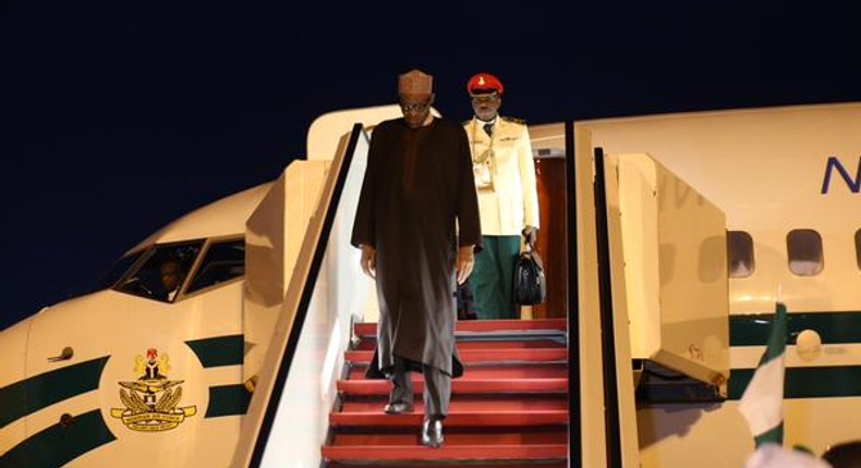 President Muhammadu Buhari returns to Nigeria from South Africa after attending the African Union Summit.