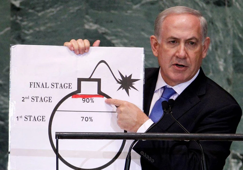 Kryeministri izraelit Benjamin Netanyahu paraqet programin e supozuar bërthamor të Iranit në një vizatim të një bombe në Nju Jork | Foto: Reuters
