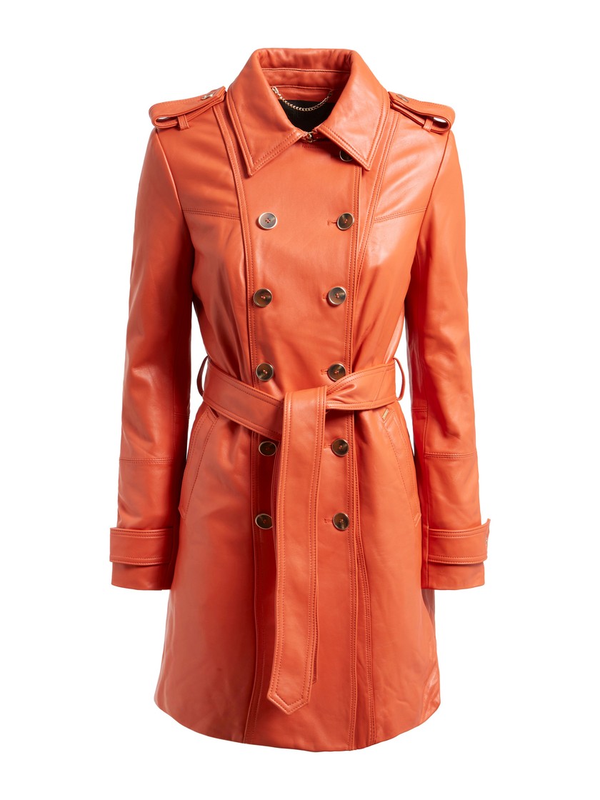 Trench-coat orange en cuir véritable, Guess, CHF 495. 