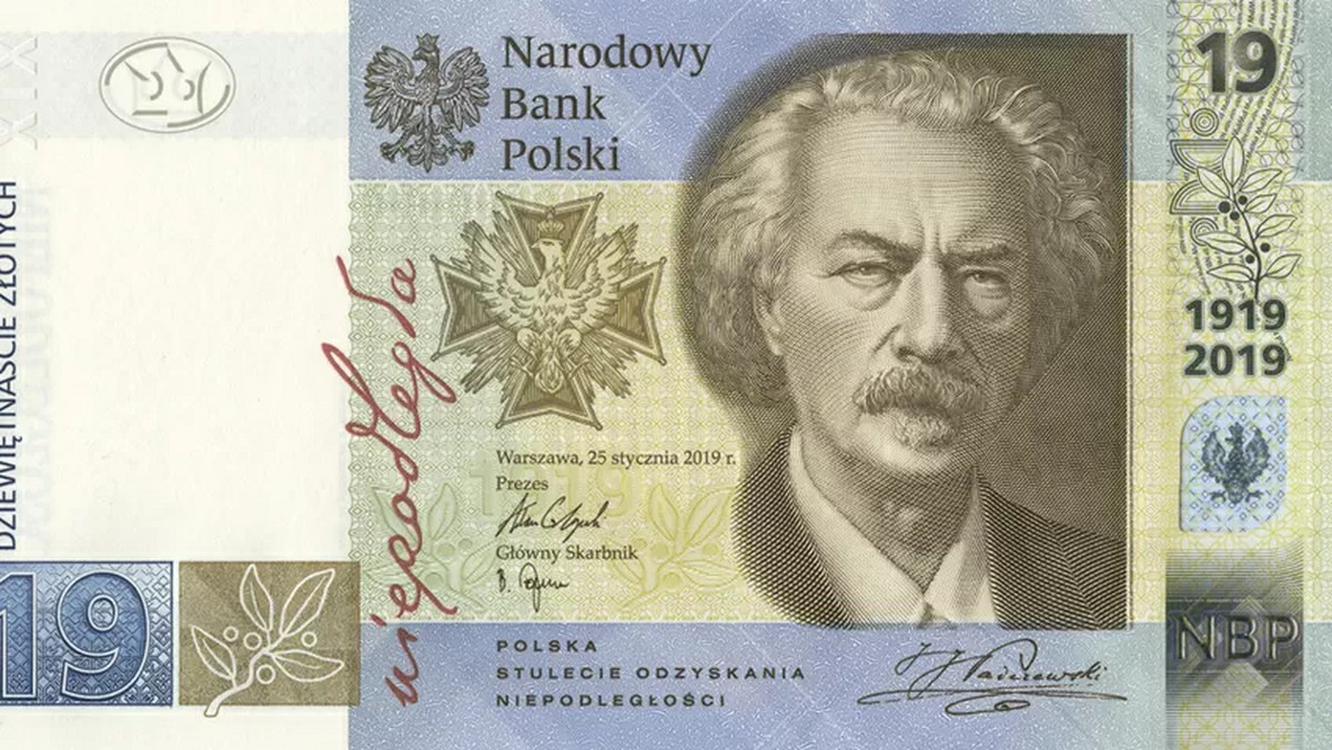 Na kolekcjonerskim banknocie 19-złotowym umieszczono wizerunek Ignacego Jana Paderewskiego. Powstał on z okazji 100-lecia Polskiej Wytwórni Papierów Wartościowych - informuje <a href="https://wiadomosci.onet.pl/nbp" id="212649e6-a34c-431d-b209-ceb501f8e71a">NBP</a>.